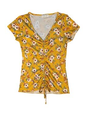 Mustard Floral Ruched V-Neck Short Sleeve Top